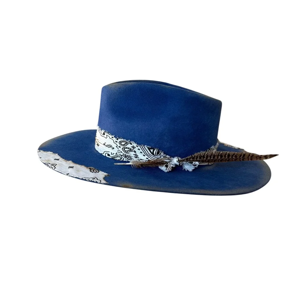 REV RAN Hats Royal Blue Western Hat Bandana‎ Feather Accent Size 7